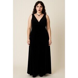Vintage Y2K Black Sleeveless Velvet Maxi Babydoll Dress Vamp Whimsigoth Size 10